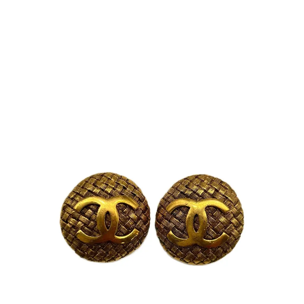 Chanel CC Gold Plated Woven Round Clip On Earrings Gold Metal Very good - Front View