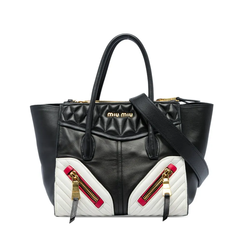 Miu Miu Small Tricolor Nappa Biker Twin Pocket Satchel Black Leather Very good - Front View