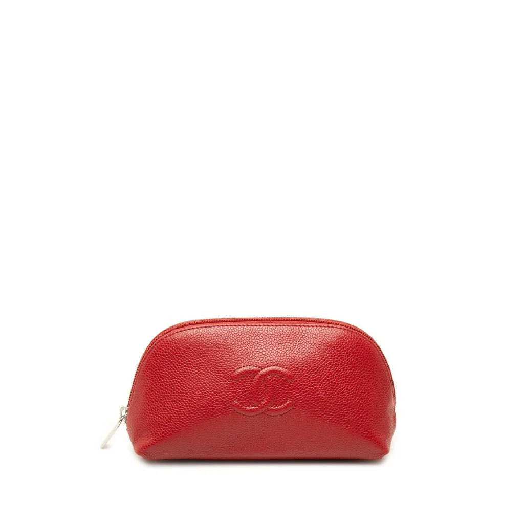 Chanel CC Caviar Cosmetic Pouch Red Leather Very good - Front View
