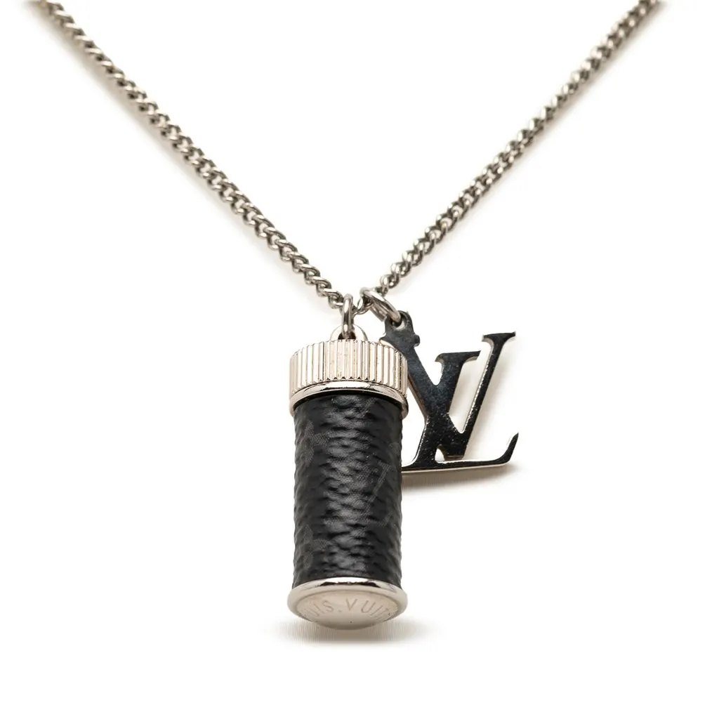 Louis Vuitton Brass Monogram Eclipse Charms Necklace Silver Metal Very good - Front View