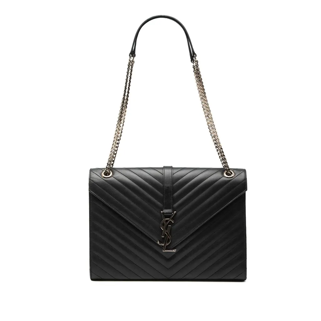 Saint Laurent Large Calfskin Chevron Monogram Envelope Bag Black Leather Good - Front View