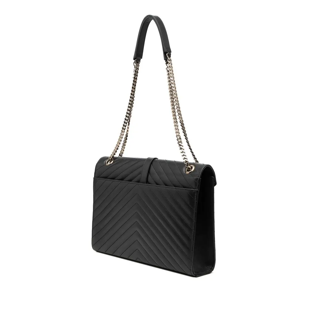 Saint Laurent Large Calfskin Chevron Monogram Envelope Bag Black Leather Good - Back View