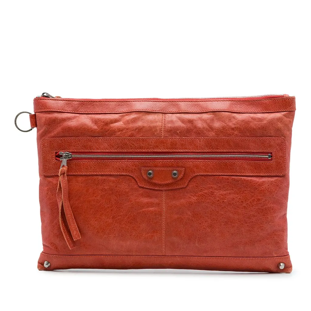 Balenciaga Lambskin Motocross Classic Clip Clutch L Orange Leather Very good - Front View