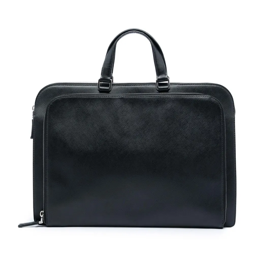 Prada Saffiano Cuir Travel Front Zip Pocket Briefcase Black Leather Very good - Front View