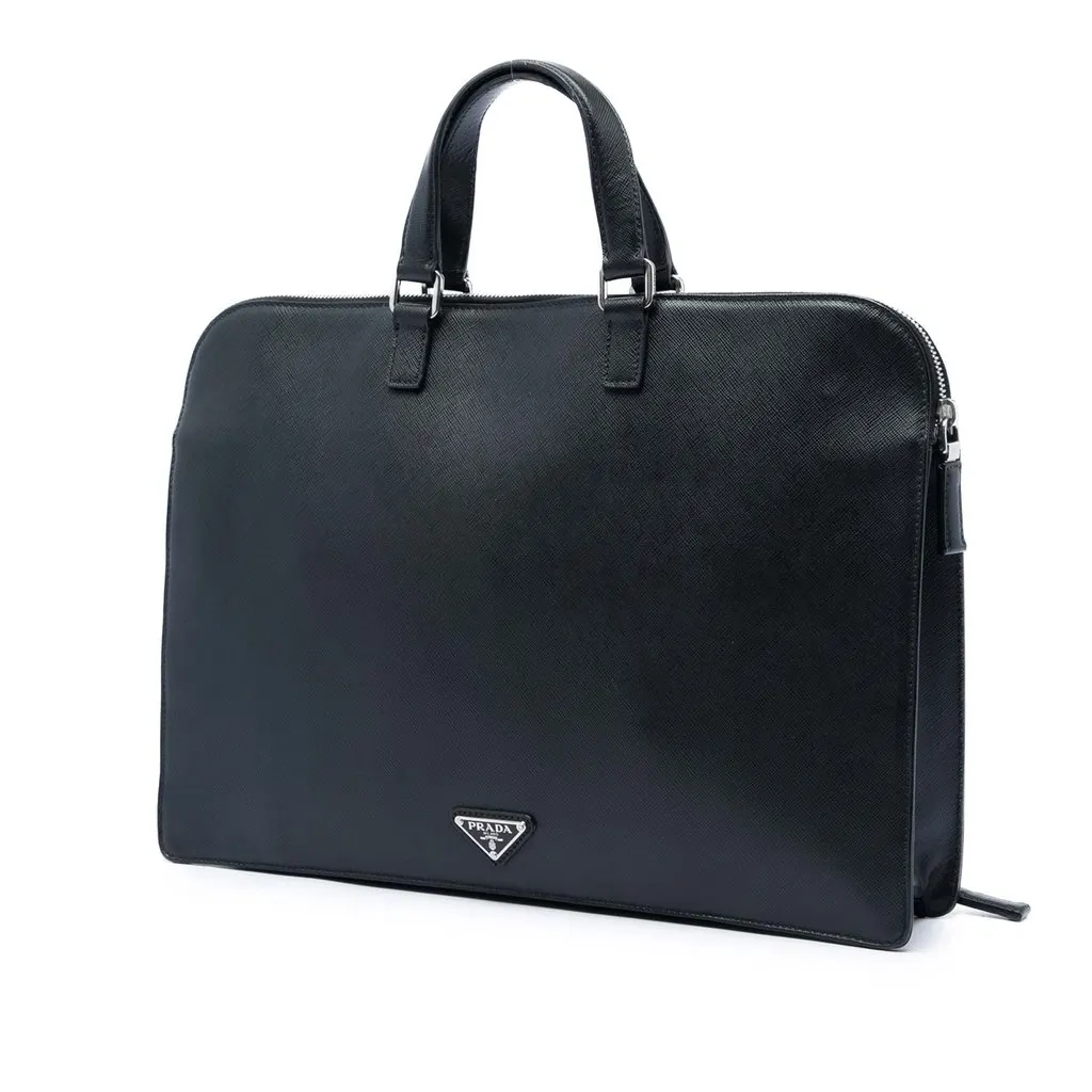 Prada Saffiano Cuir Travel Front Zip Pocket Briefcase Black Leather Very good - Back View