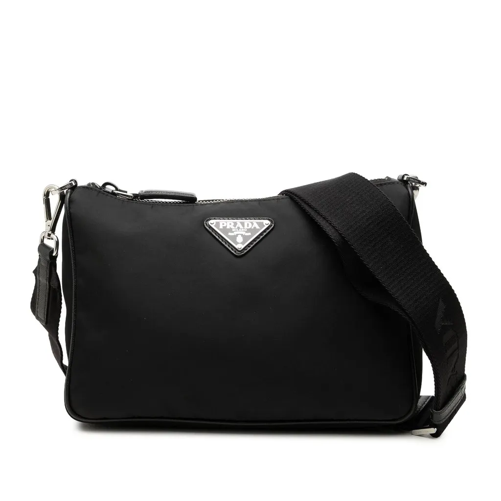 Prada Saffiano Trimmed Re Nylon Zip Top Crossbody Black Polyamide Good - Front View