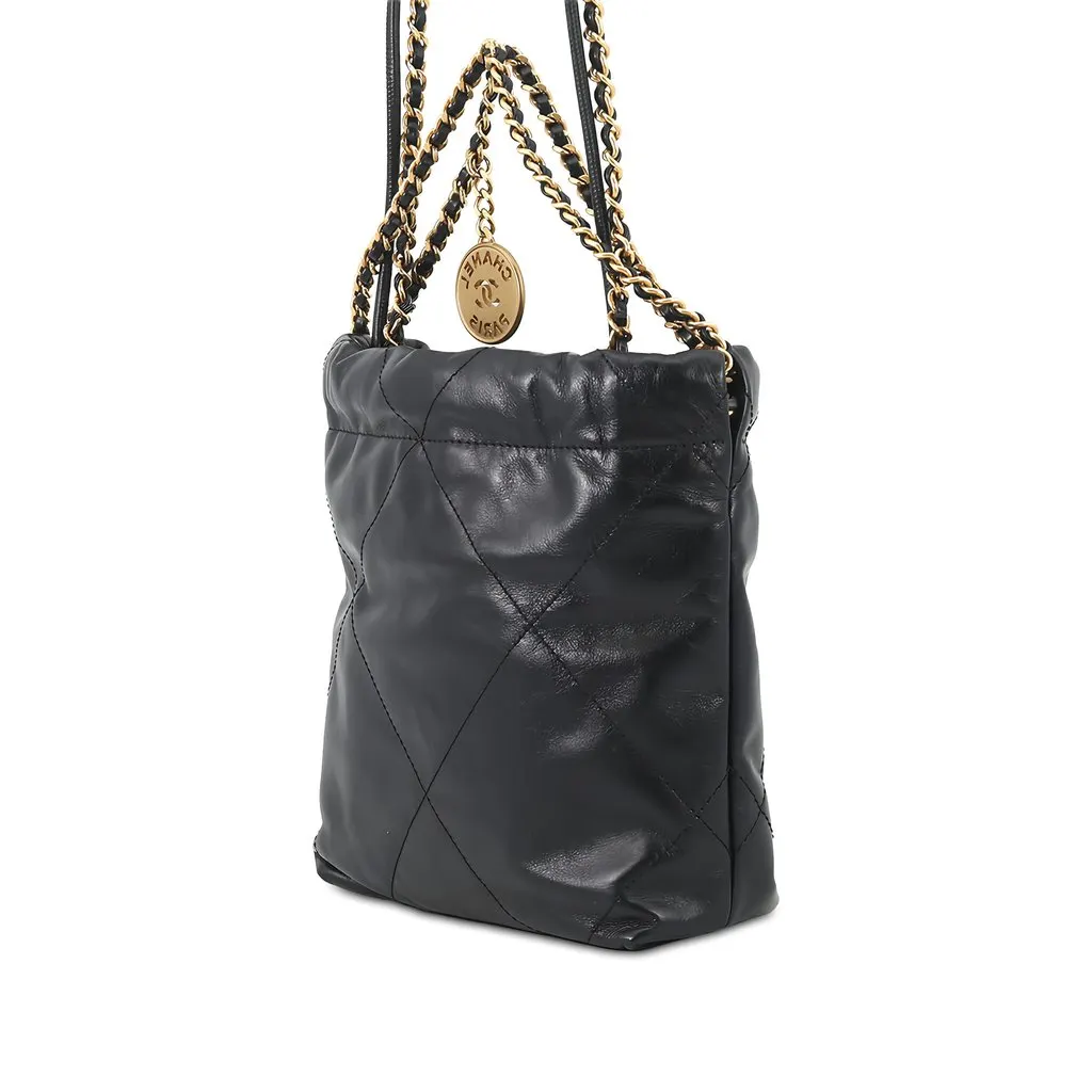 Chanel Mini Shiny Calfskin 22 Handbag Black Leather Very good - Back View