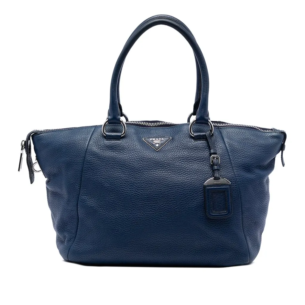 Prada Vitello Daino Double Handle Satchel Blue Leather Very good - Front View