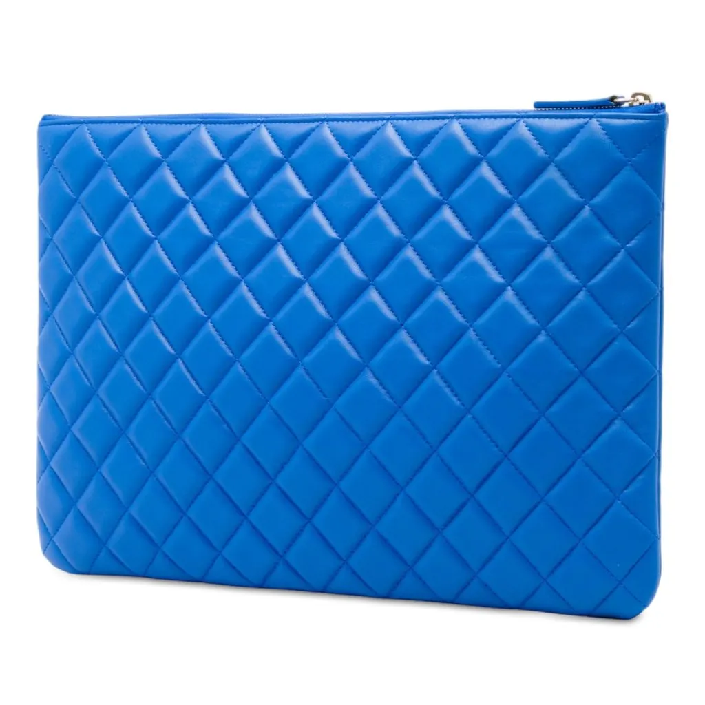 Chanel Large Quilted Lambskin O Case Clutch Blue Leather Very good - Back View