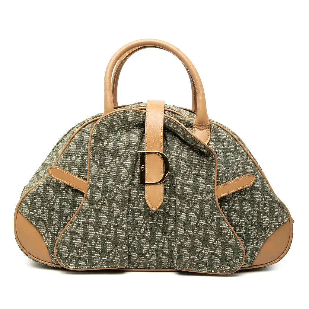 Dior Diorissimo Canvas Double Saddle Bowler Bag Green Canvas Good - Front View