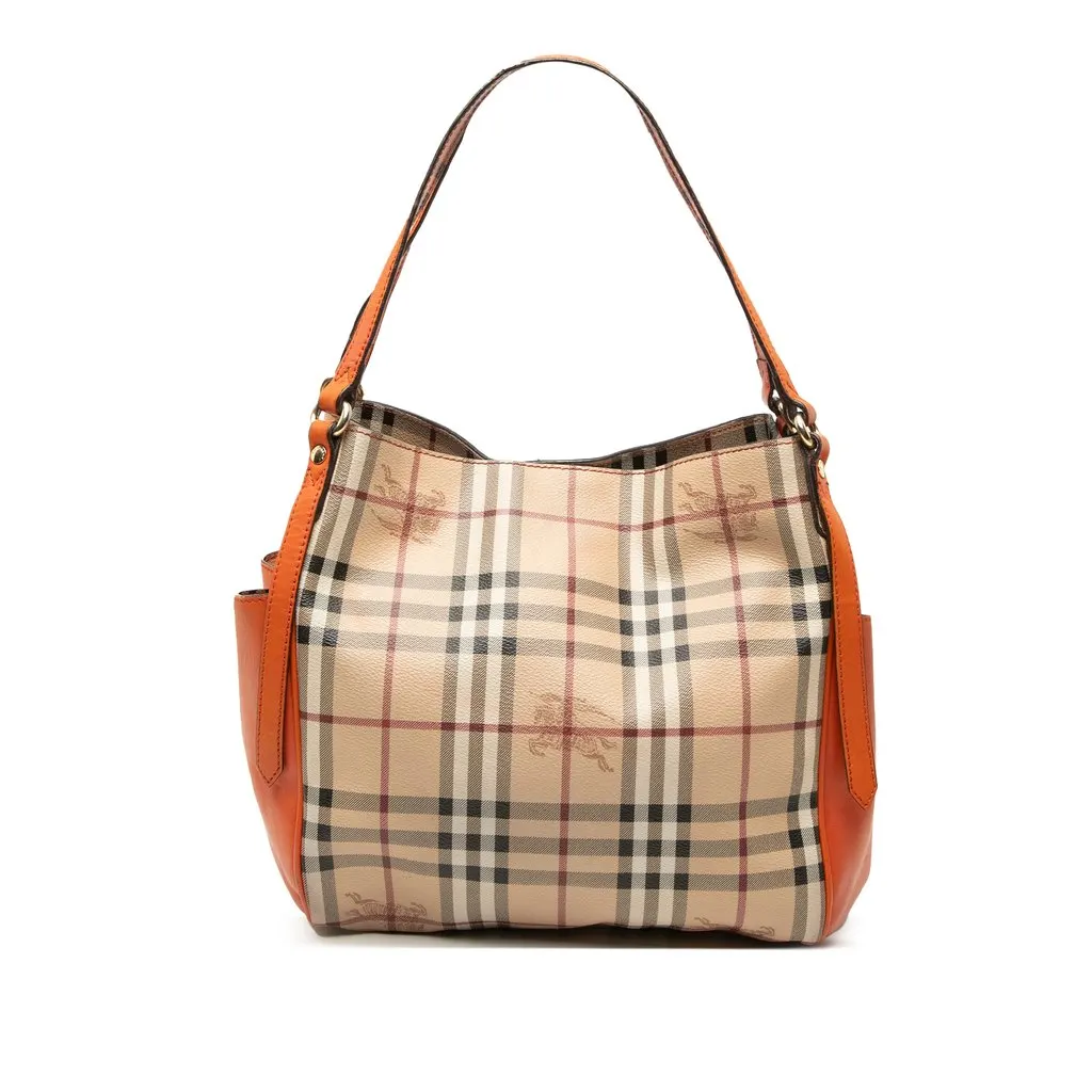 Burberry Small Leather Trimmed Haymarket Check Coated Canvas Canterbury Tote Beige Good - Front View