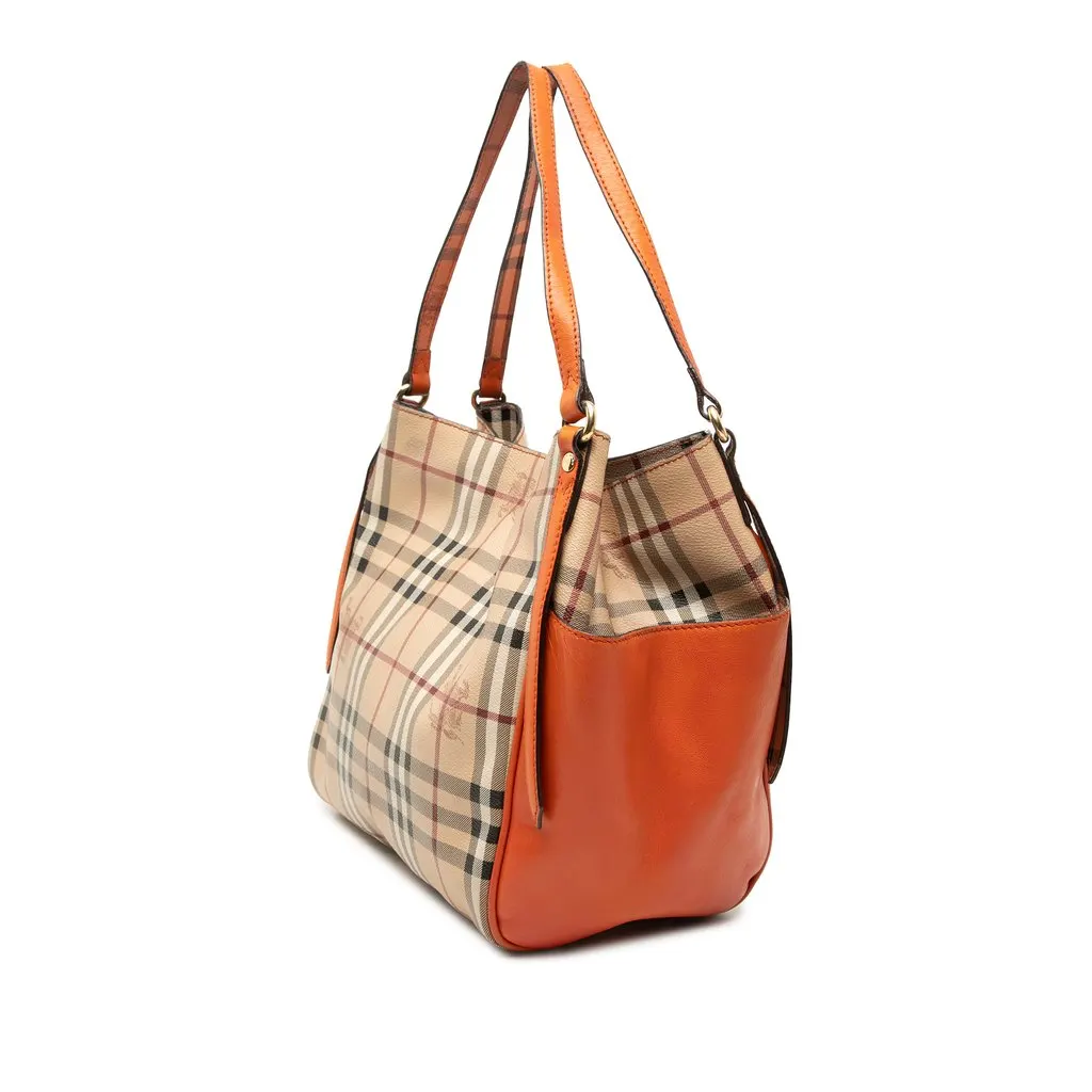 Burberry Small Leather Trimmed Haymarket Check Coated Canvas Canterbury Tote Beige Good - Back View