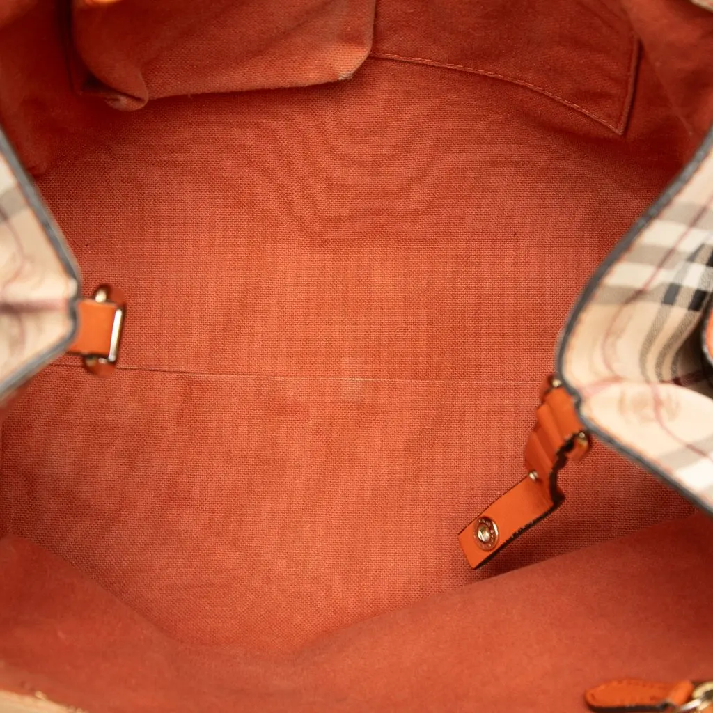 Burberry Small Leather Trimmed Haymarket Check Coated Canvas Canterbury Tote Beige Good - Model View
