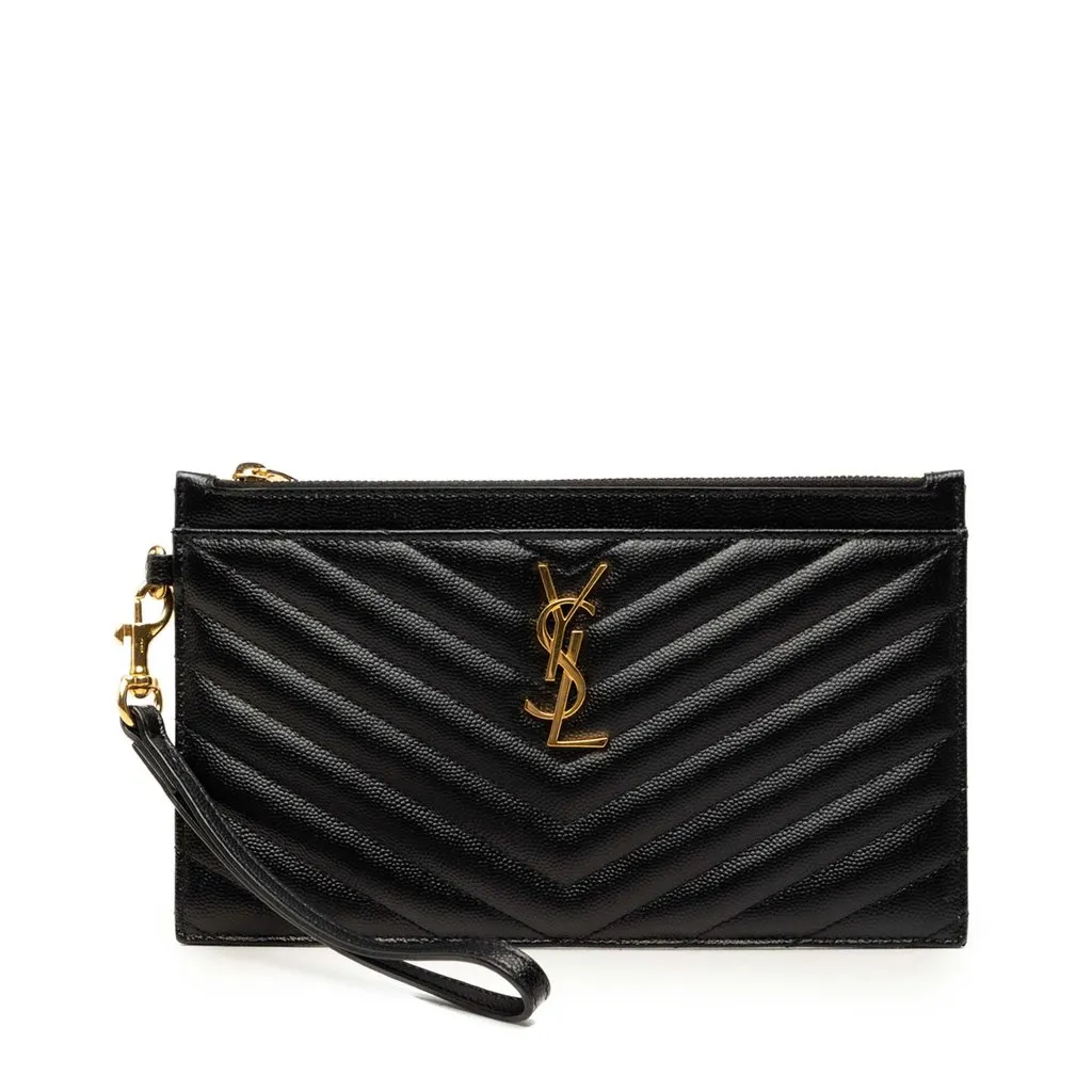Saint Laurent Large Grain De Poudre Matelasse Cassandre Zip Pouch Black Leather Very good - Front View