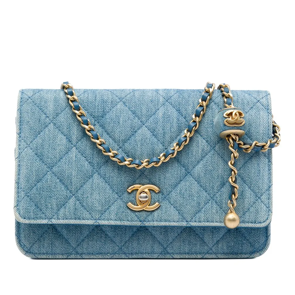 Chanel CC Quilted Denim Pearl Crush Wallet On Chain Blue Denim Good - Front View
