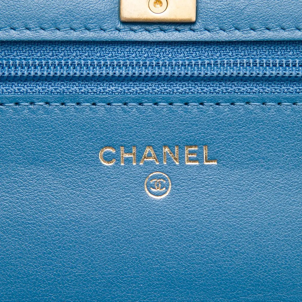Chanel CC Quilted Denim Pearl Crush Wallet On Chain Blue Denim Good - Box View