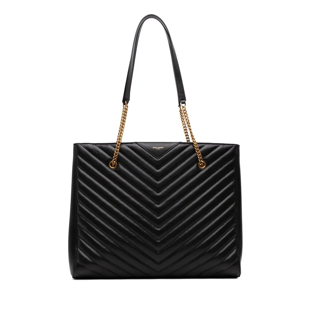 Saint Laurent Large Chevron Grain De Poudre Tribeca Shopping Tote Black Leather Good - Front View