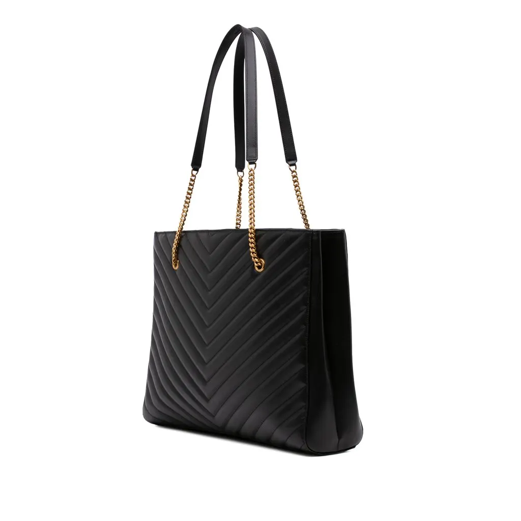 Saint Laurent Large Chevron Grain De Poudre Tribeca Shopping Tote Black Leather Good - Back View