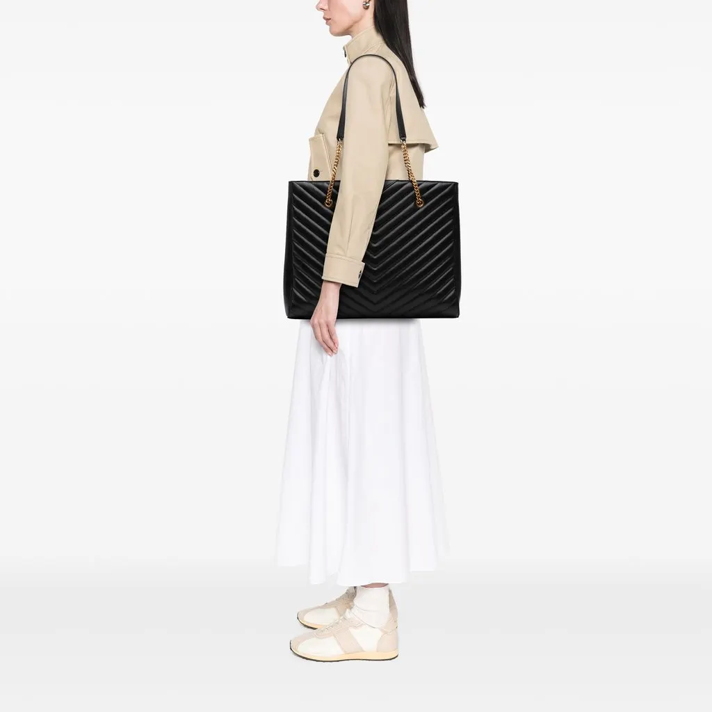 Saint Laurent Large Chevron Grain De Poudre Tribeca Shopping Tote Black Leather Good - Model View