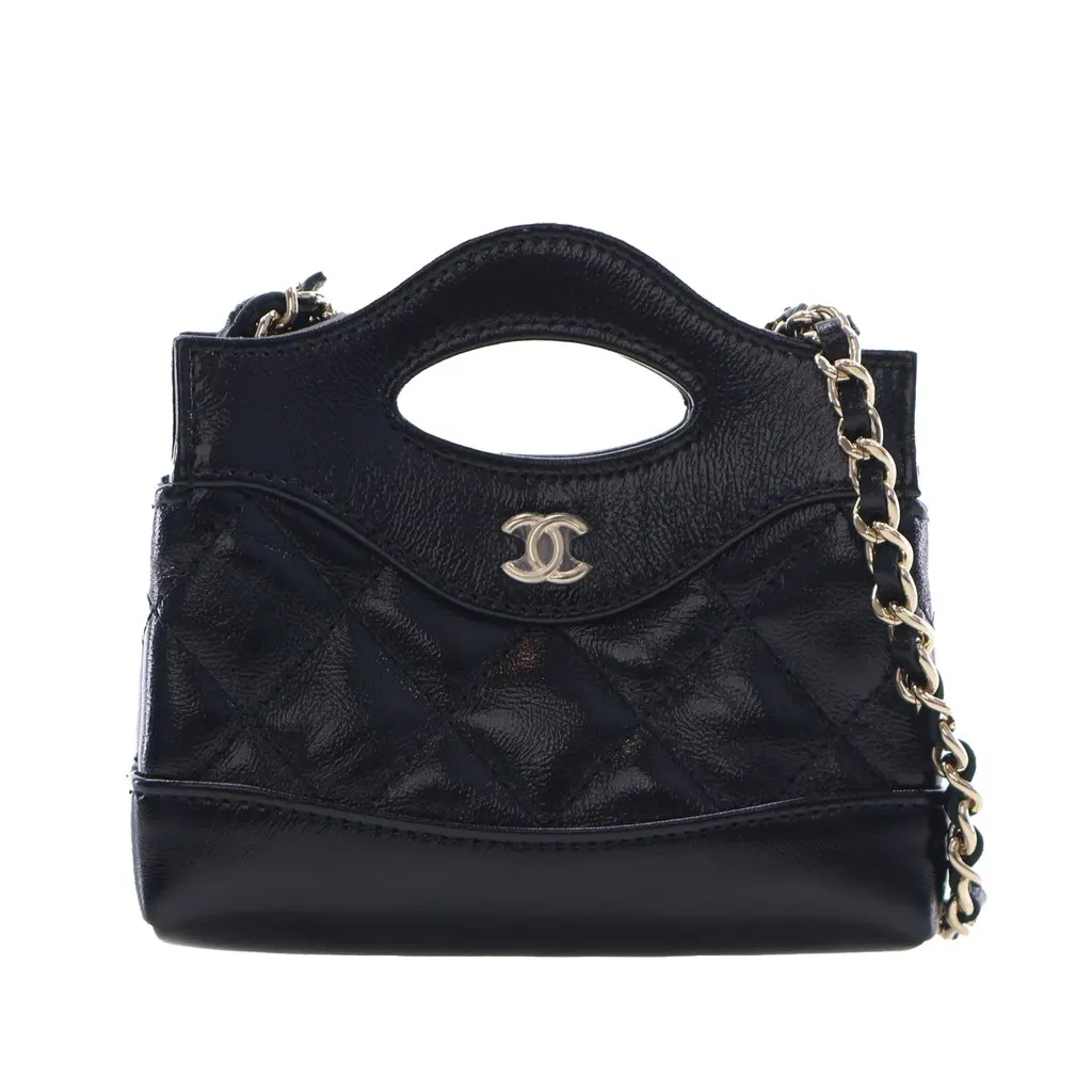 Chanel Micro Shiny Lambskin 31 Clutch with Chain Black Leather Never worn - Front View