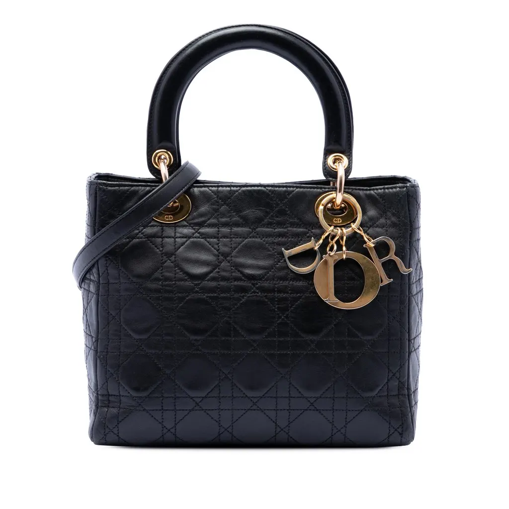 Dior Medium Lambskin Cannage Lady Dior Black Leather Good - Front View
