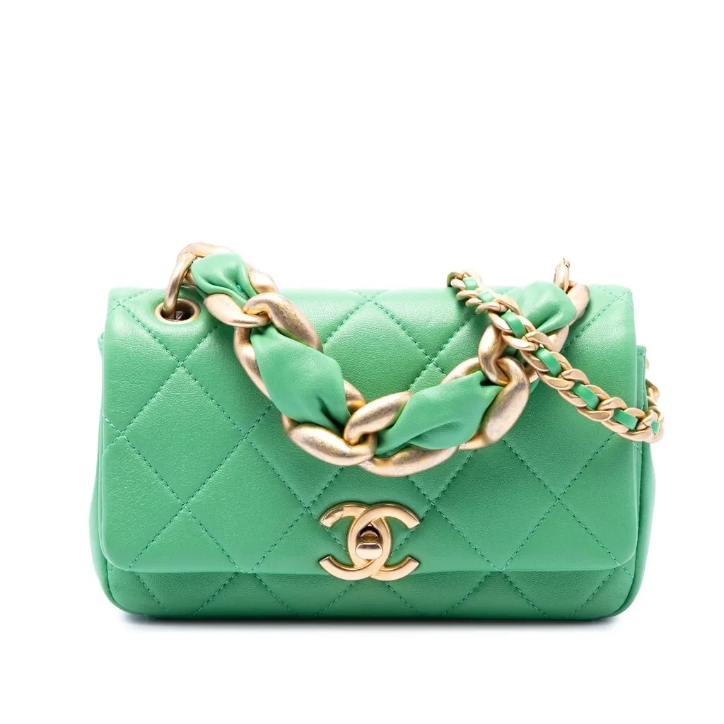Chanel Small Quilted Lambskin Chain Is More Flap Green Leather Very good - Front View