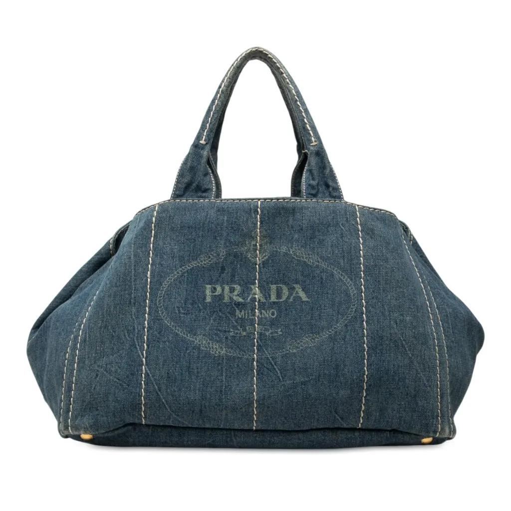 Prada Large Denim Canapa Logo Tote Blue Denim Good - Front View