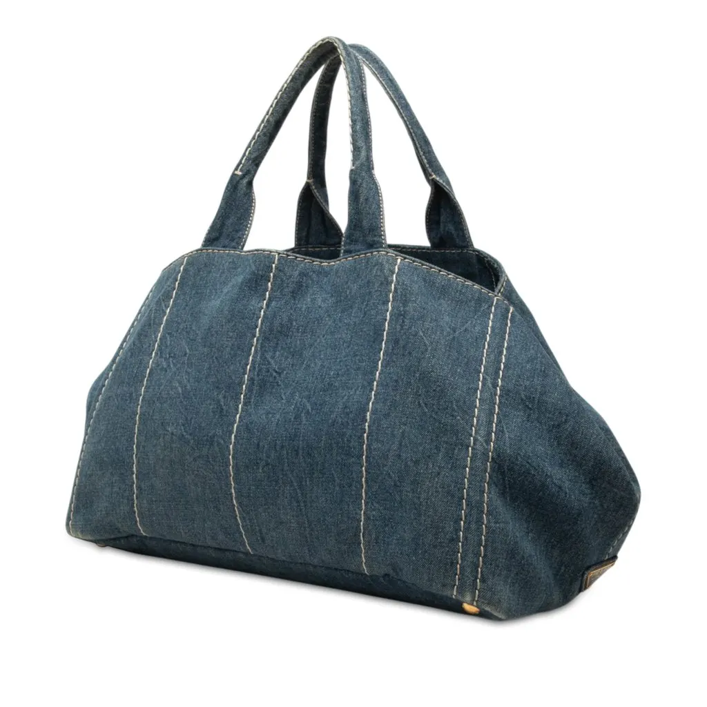 Prada Large Denim Canapa Logo Tote Blue Denim Good - Back View
