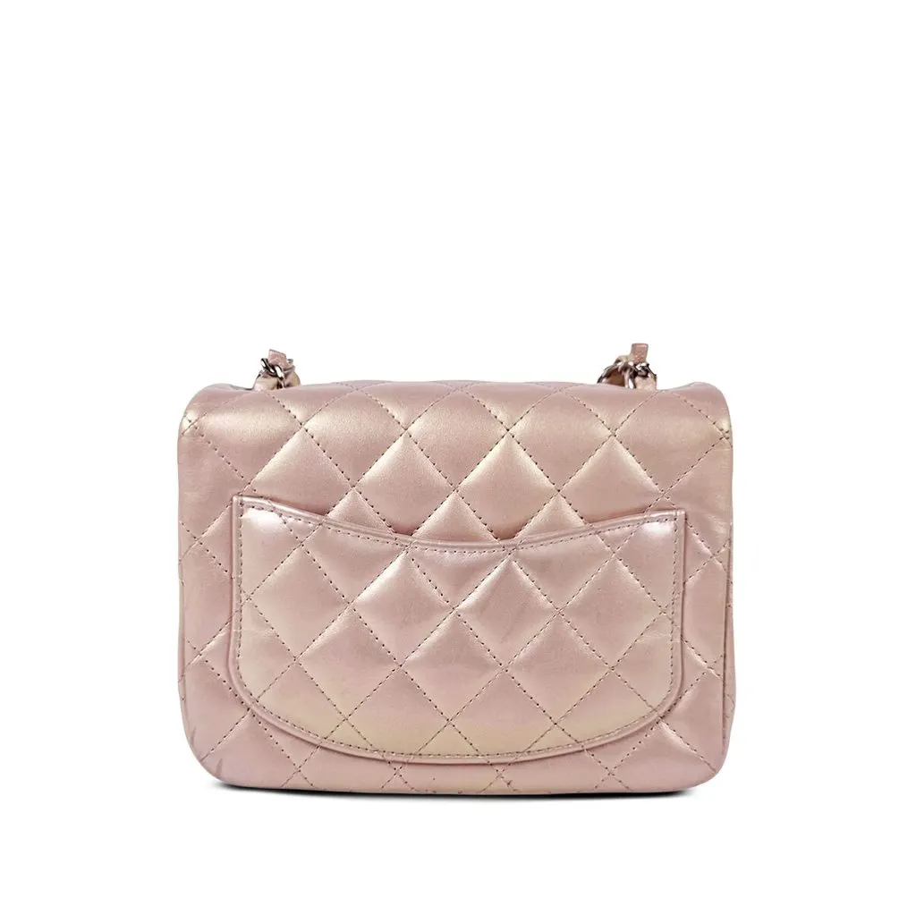 Chanel Mini Square Classic Iridescent Lambskin Single Flap Pink Leather Good - Back View