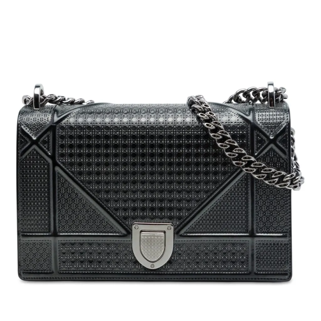 Dior Medium Patent Microcannage Diorama Flap Black Leather Good - Front View