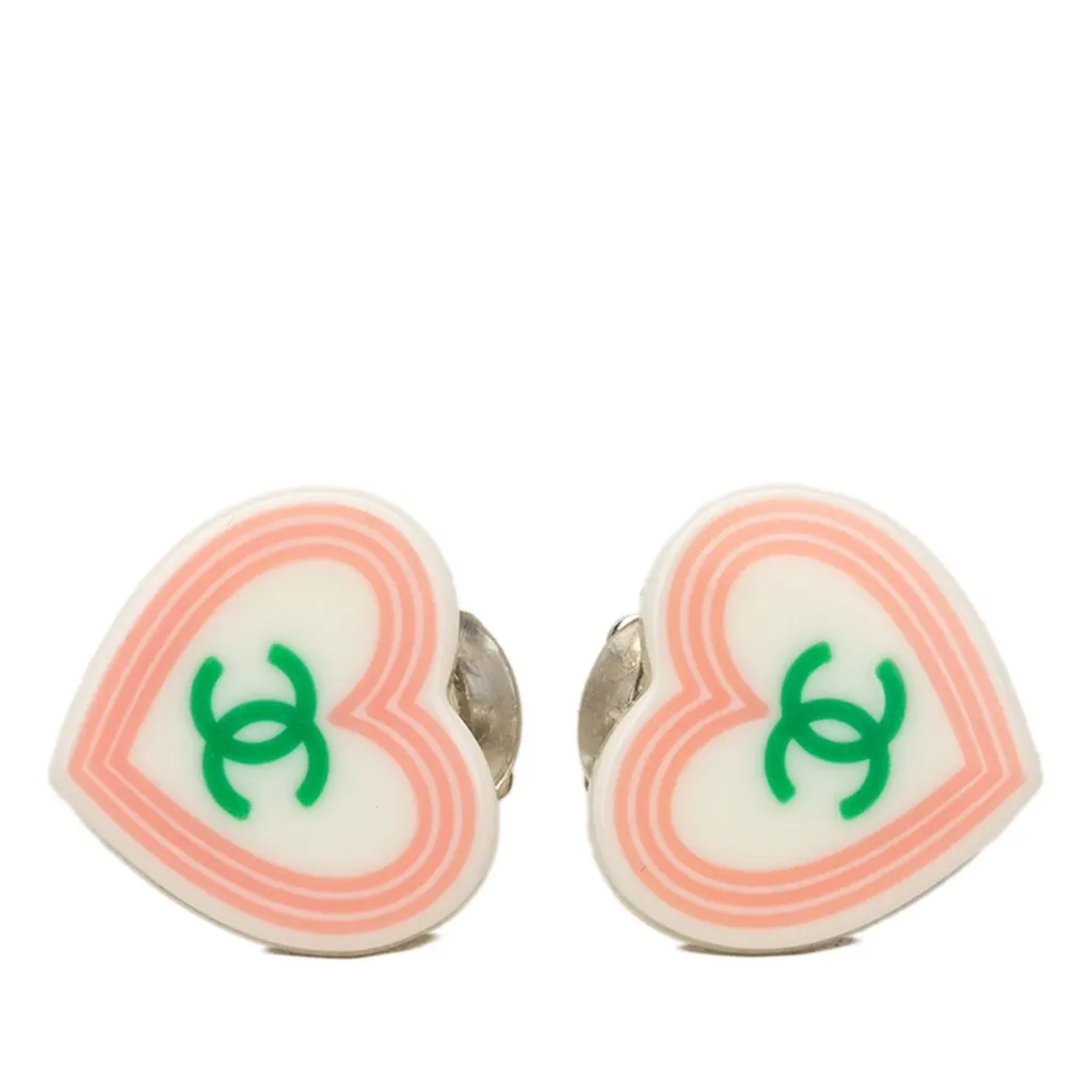 Chanel CC Resin Heart Clip On Earrings White Plastic Very good - Front View