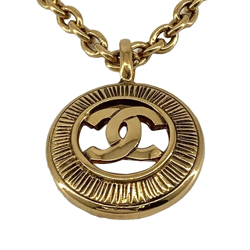 Chanel CC Gold Plated Medallion Sunburst Pendant Necklace Gold Metal Very good - Back View