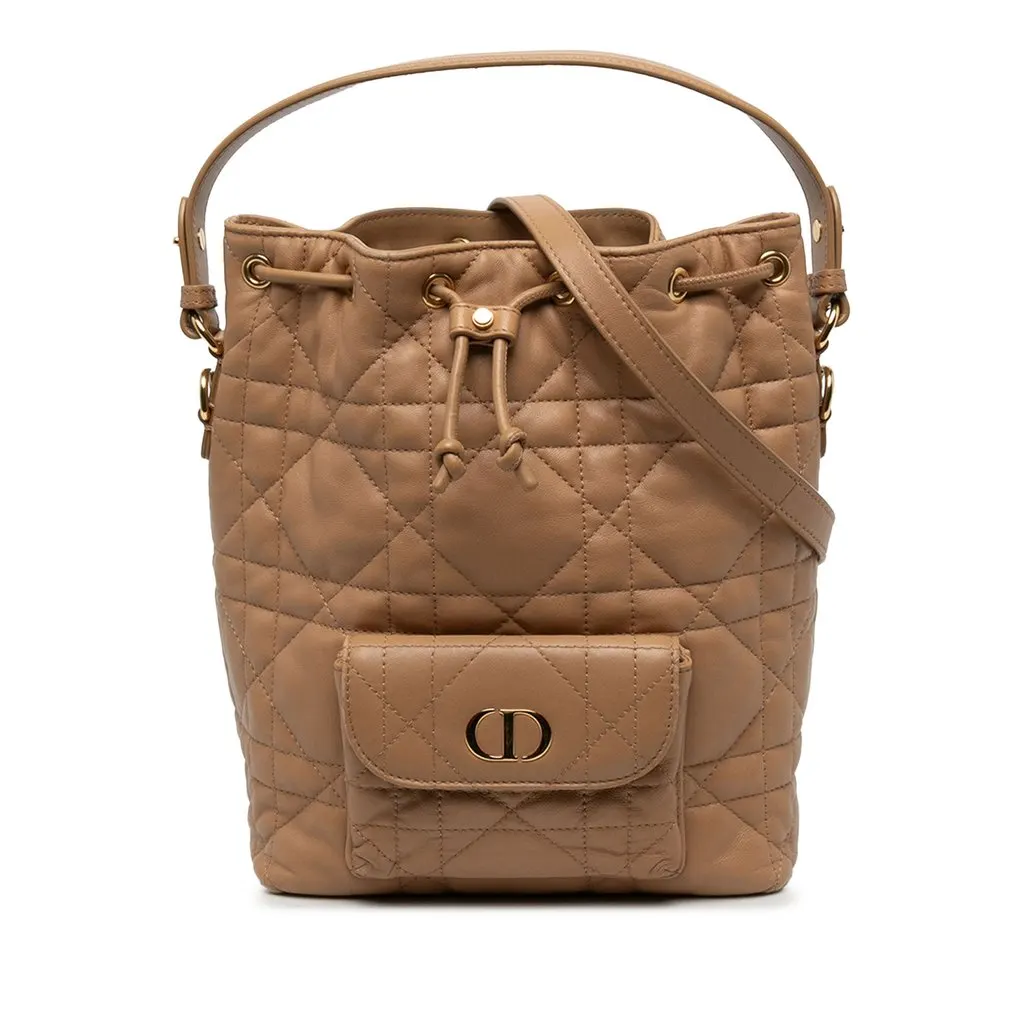 Dior Small Lambskin Macrocannage Caro Bucket Bag Brown Leather Very good - Front View