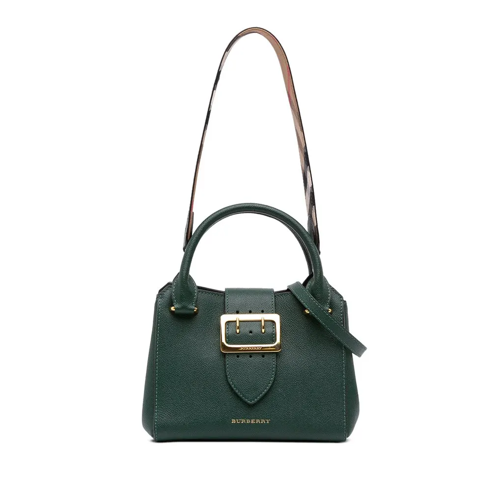 Burberry Small Grained Calfskin Buckle Tote Green Leather Good - Front View