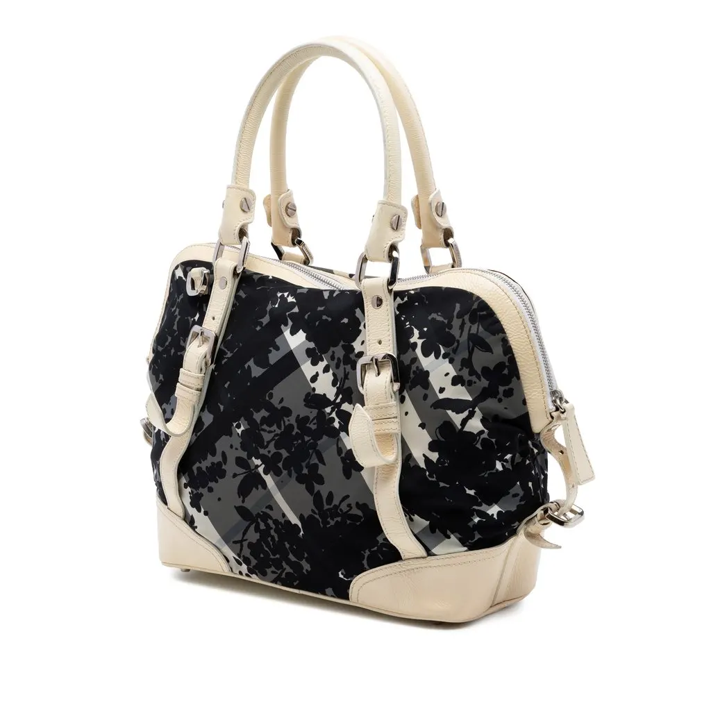 Burberry Floral Beat Check Nylon and Patent Foley Satchel Grey Good - Back View