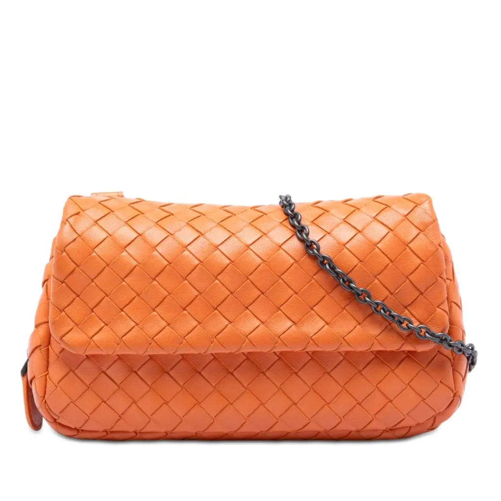 Bottega Veneta Mini Nappa Intrecciato Expandable Chain Flap Crossbody Orange Leather Very good - Front View