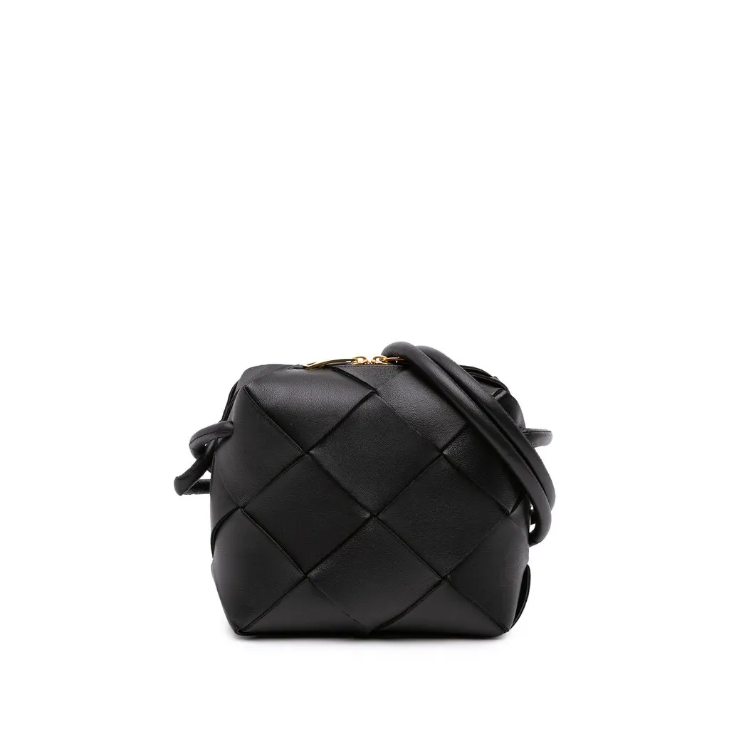 Bottega Veneta Mini Lambskin Intreccio Cassette Camera Bag Black Leather Good - Front View