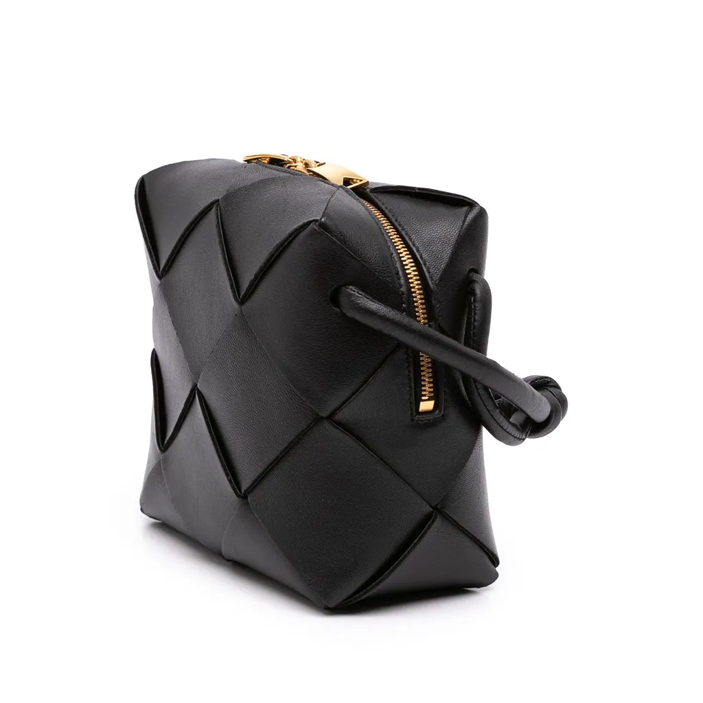 Bottega Veneta Mini Lambskin Intreccio Cassette Camera Bag Black Leather Good - Back View