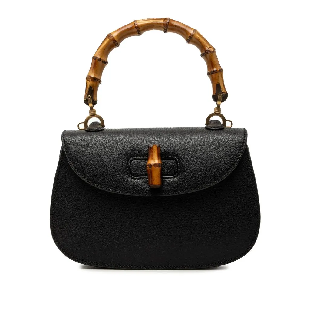 Gucci Small Grained Calfskin Bamboo Night Black Leather Very good - Front View