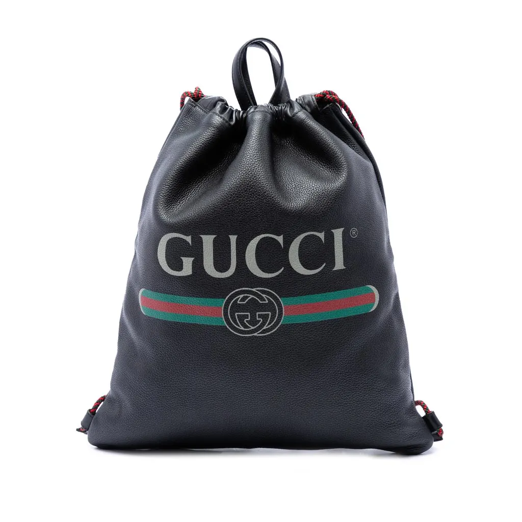 Gucci Grained Calfskin Web Logo Drawstring Backpack Black Leather Very good - Front View