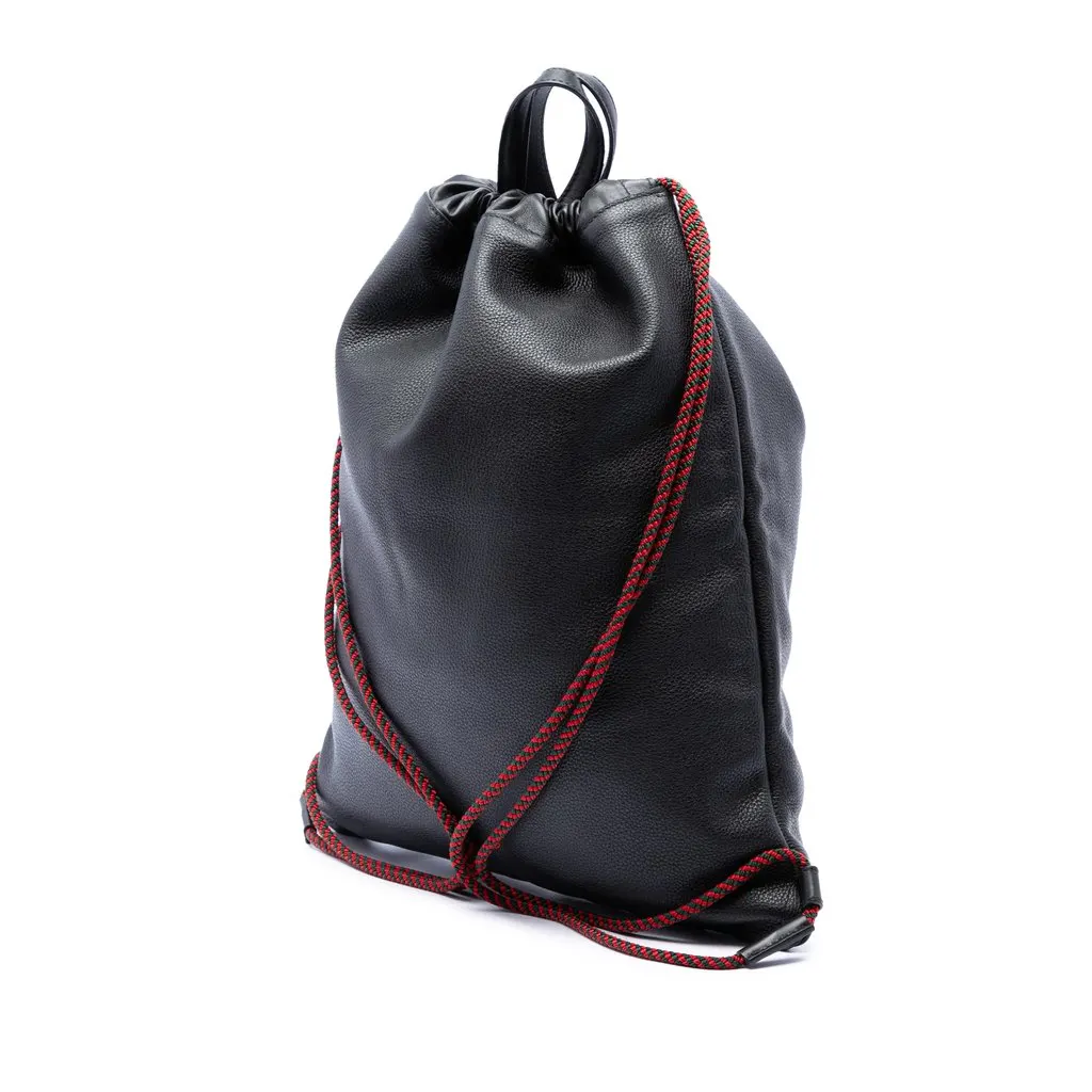 Gucci Grained Calfskin Web Logo Drawstring Backpack Black Leather Very good - Back View