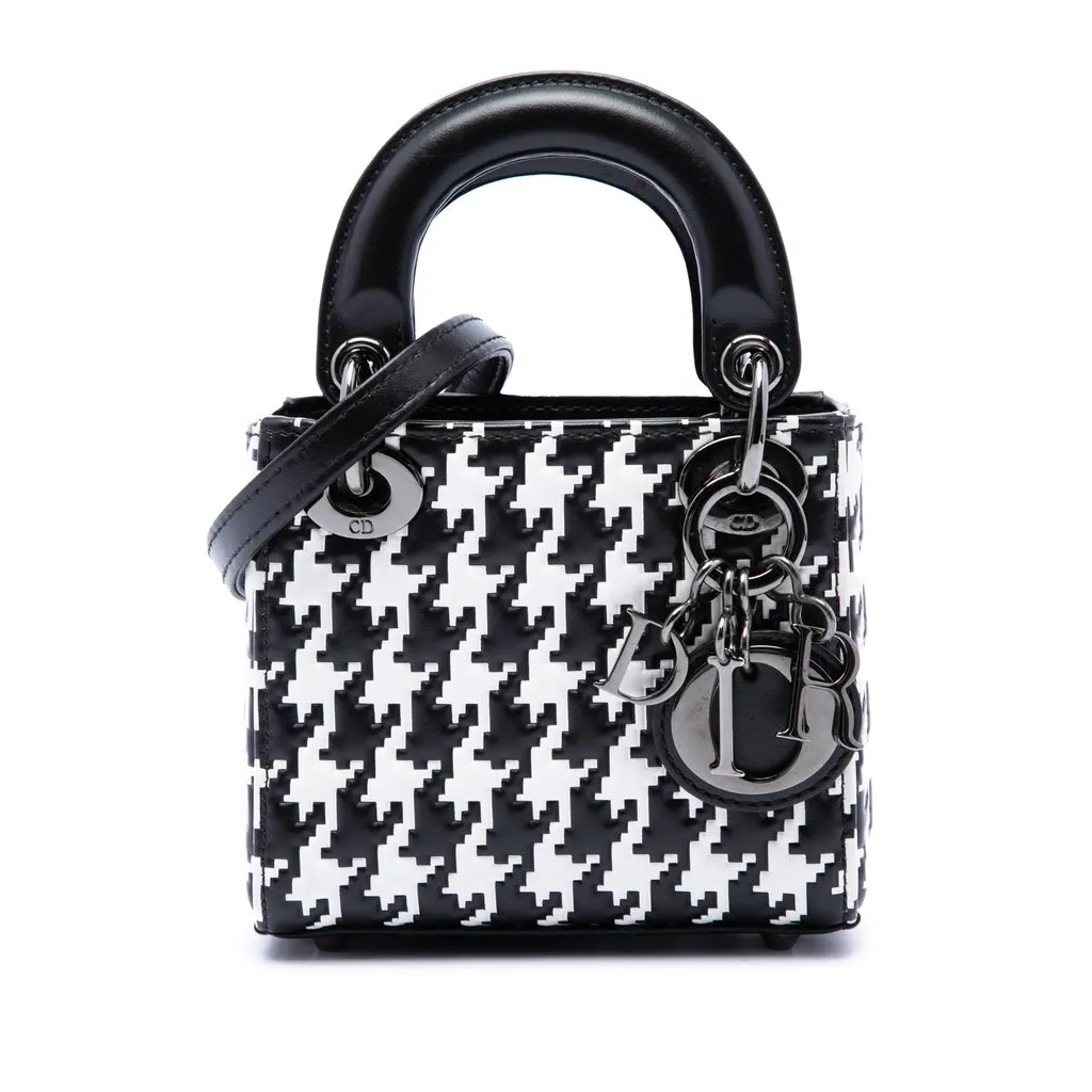Dior Micro Calfskin Houndstooth Embossed Macro Lady Dior Black Leather Very good - Front View