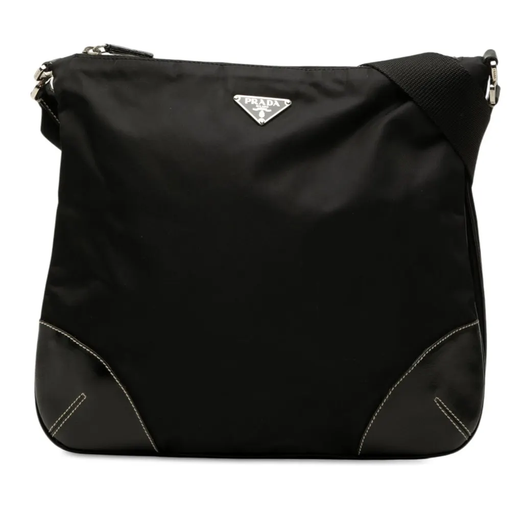 Prada Vitello Trimmed Tessuto Zip Top Crossbody Black Polyamide Very good - Front View