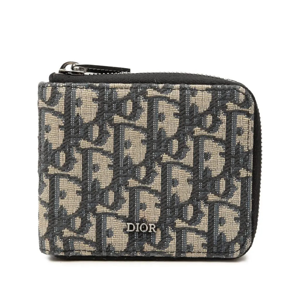 Dior Oblique Canvas Zip Around Wallet Blue Very good - Front View