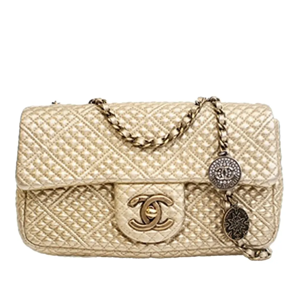 Chanel Small Micro Quilted Metallic Lambskin Coin Flap Gold Leather Very good - Front View