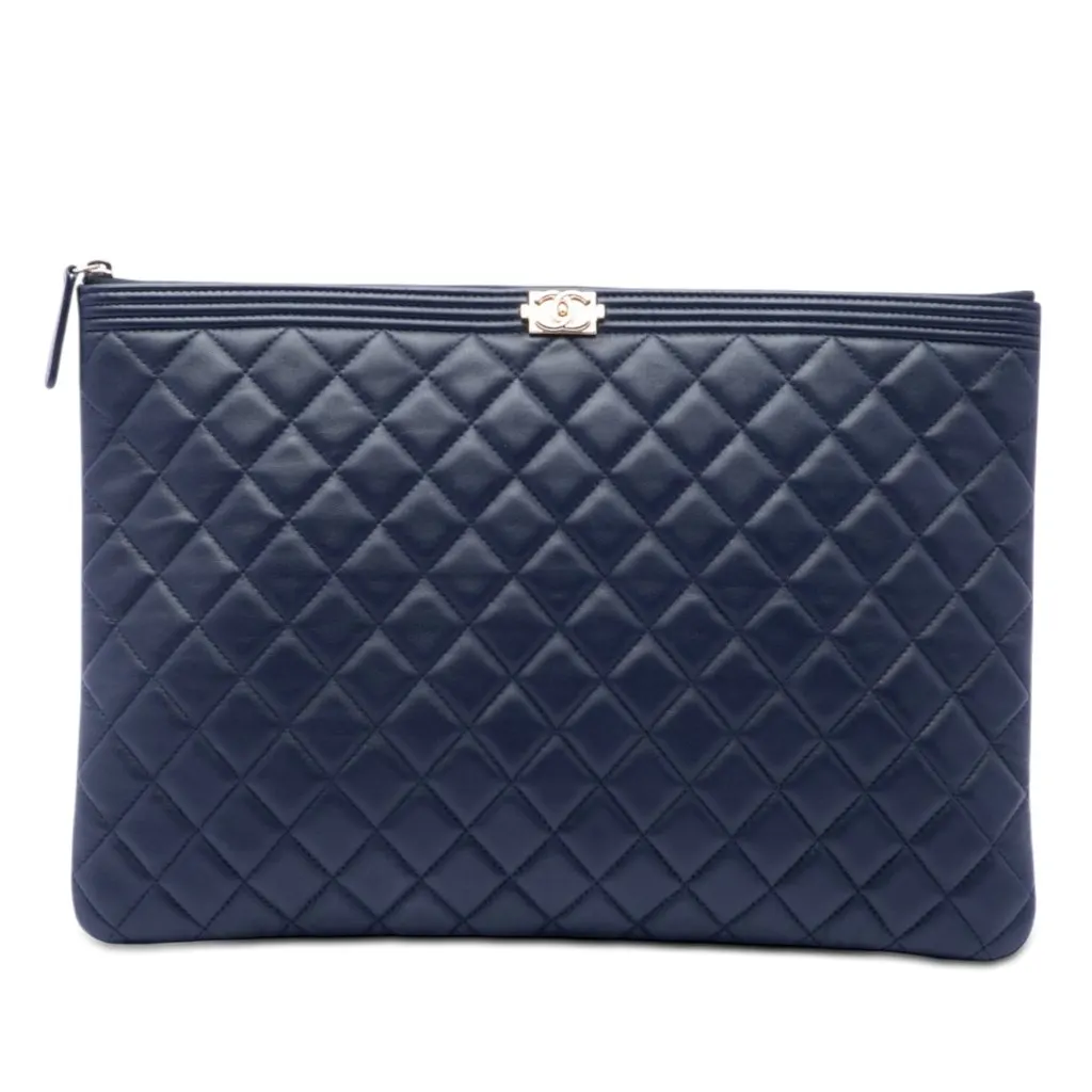 Chanel Large Quilted Lambskin Boy O Case Clutch Blue Leather Very good - Front View