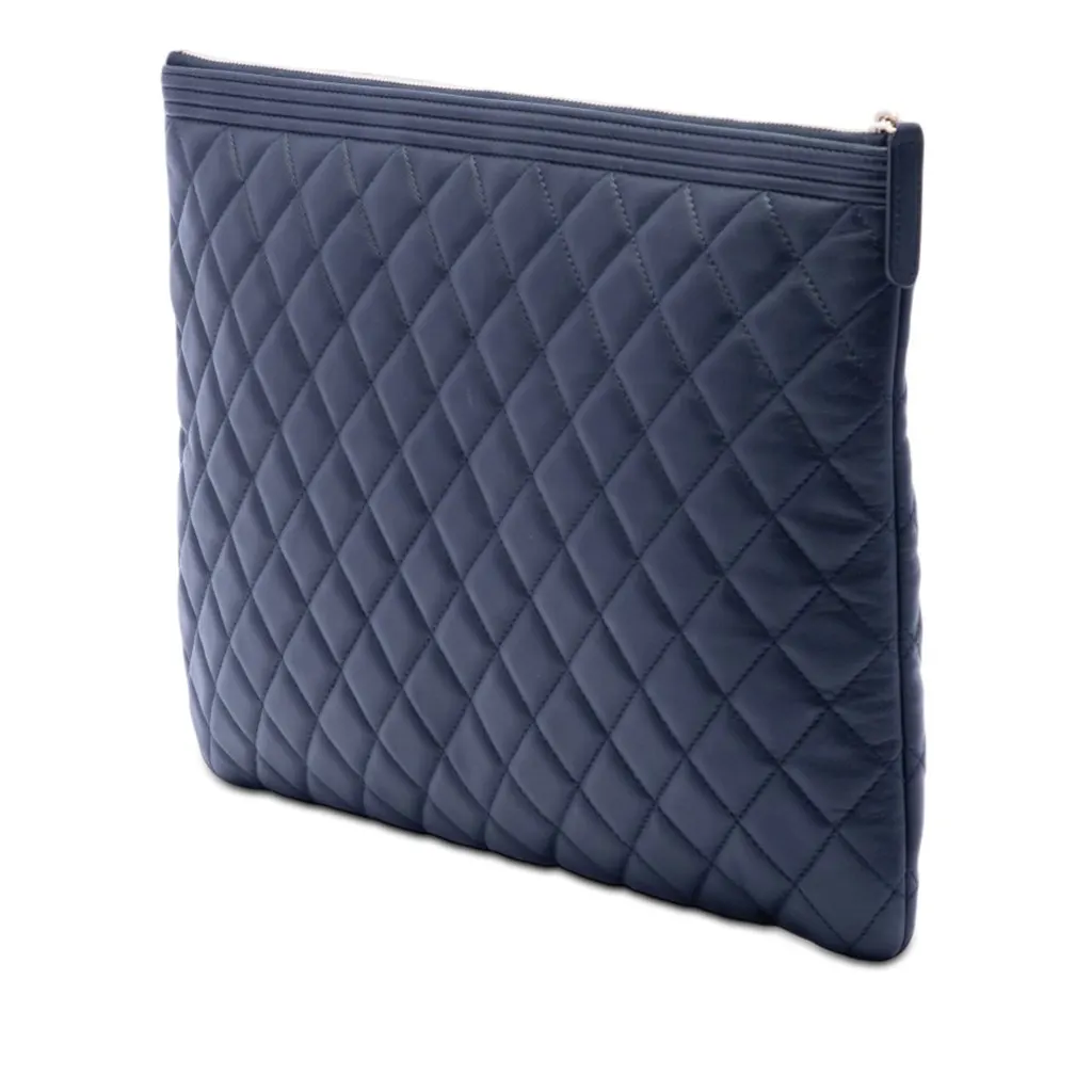 Chanel Large Quilted Lambskin Boy O Case Clutch Blue Leather Very good - Back View