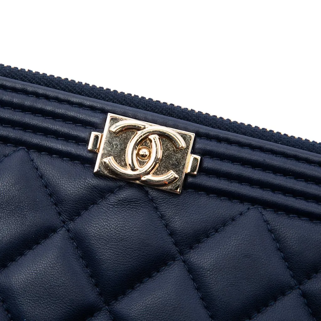 Chanel Large Quilted Lambskin Boy O Case Clutch Blue Leather Very good - Box View