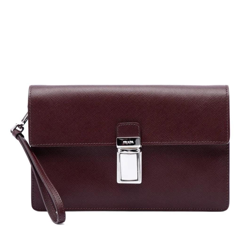 Prada Saffiano Push Lock Clutch Red Leather Good - Front View
