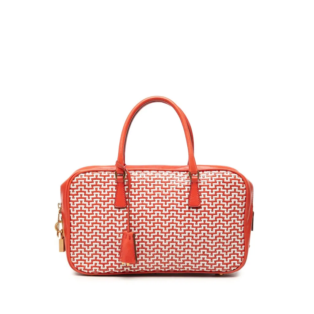 Prada Woven Goatskin Madras Bauletto Handbag Red Leather Good - Front View